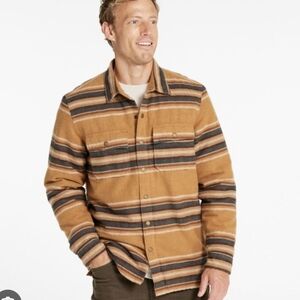 Men's Heavyweight Flannel Shirt Traditional Fit Striped Button Up Tan Blue Large